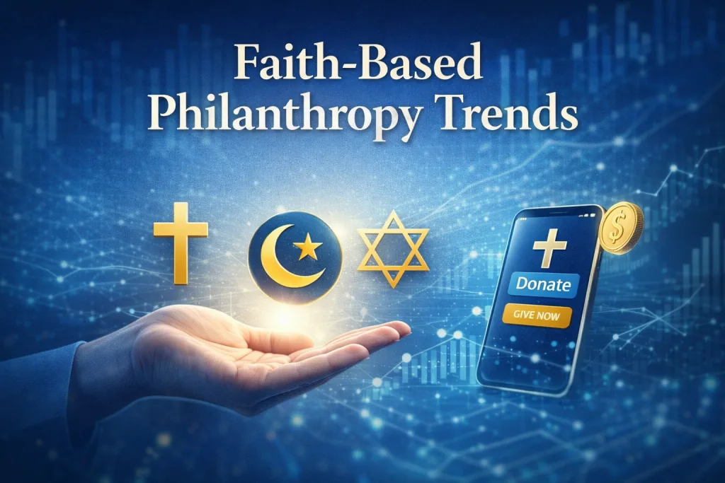 Faith-based philanthropy trends illustrated through digital giving, religious symbols, and data-driven spiritual commitment